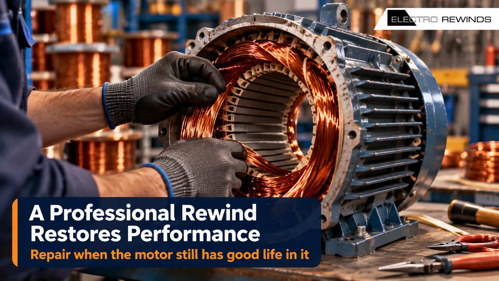 Technician rewinding copper windings at a Tasmanian workshop offering motor repair and electric motor sales